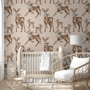 Dark Forest Watercolor Deer & Greenery Wallpaper