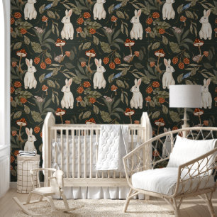 Dark Forest Watercolor Deer & Greenery Wallpaper