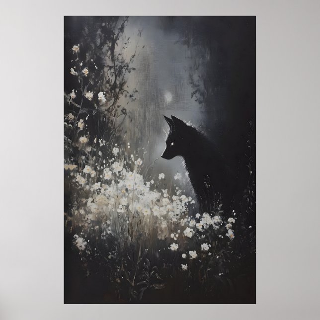Dark Fox Floral Moon Art Printable Mystical Poster (Front)