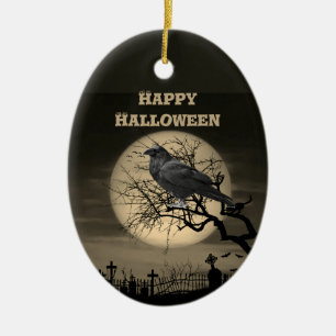 Dark Full Moon Graveyard and Raven Halloween  Ceramic Ornament