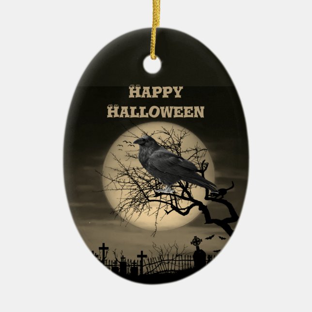 Dark Full Moon Graveyard and Raven Halloween  Ceramic Ornament (Front)