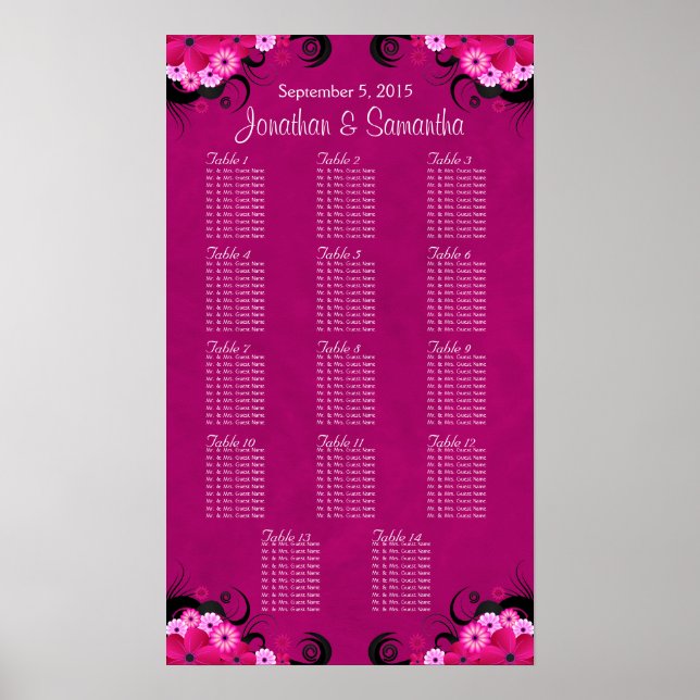 Dark Fuschia Floral 14 Wedding Table Seating Chart (Front)