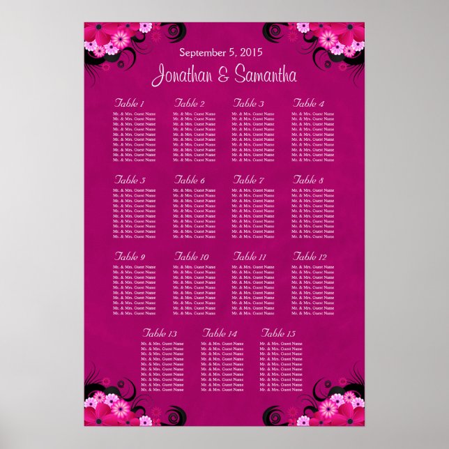 Dark Fuschia Floral Wedding 15 Table Seating Chart (Front)