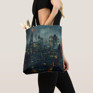 Dark Futuristic Stormy City Tote Bag