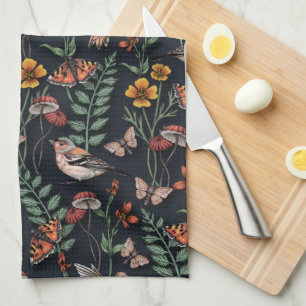 Dark Garden Birds & Butterflies Tea Towel