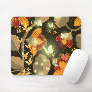 Dark Garden Flowers and Lighten Butterflies Mouse Pad