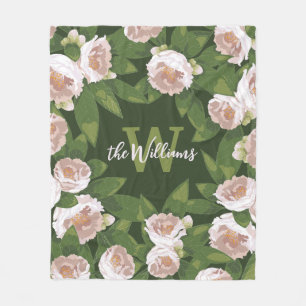 Dark Garden Harmony: Camellias and Greenery Fleece Blanket