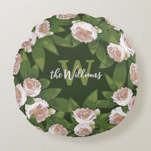 Dark Garden Harmony: Camellias and Greenery Round Cushion
