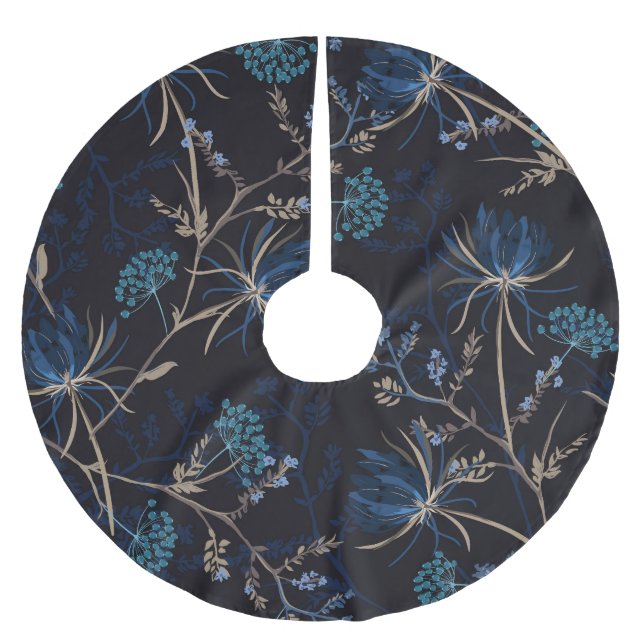 Dark Garden: Monotone Blue Floral Brushed Polyester Tree Skirt (Front)