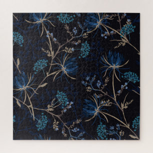Dark Garden: Monotone Blue Floral Jigsaw Puzzle