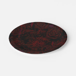 Dark Garden Red Romantic Flowers Gothic Wedding Paper Plate