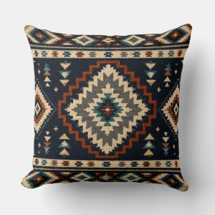 Dark Geometric Textile Pattern – Navy Cream & Burn Cushion