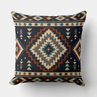 Dark Geometric Textile Pattern – Navy Cream & Burn Cushion