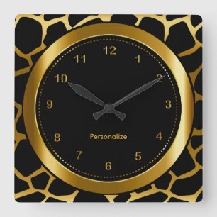 Dark Gold and Black Giraffe Pattern Print Square Wall Clock
