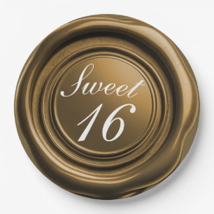 Dark Gold Candle Wax Seal Drip Sweet 16 Wedding Paper Plate