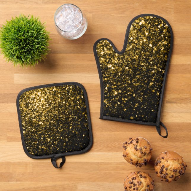 Dark gold faux glitter sparkles oven mitt & pot holder set (Top Down)