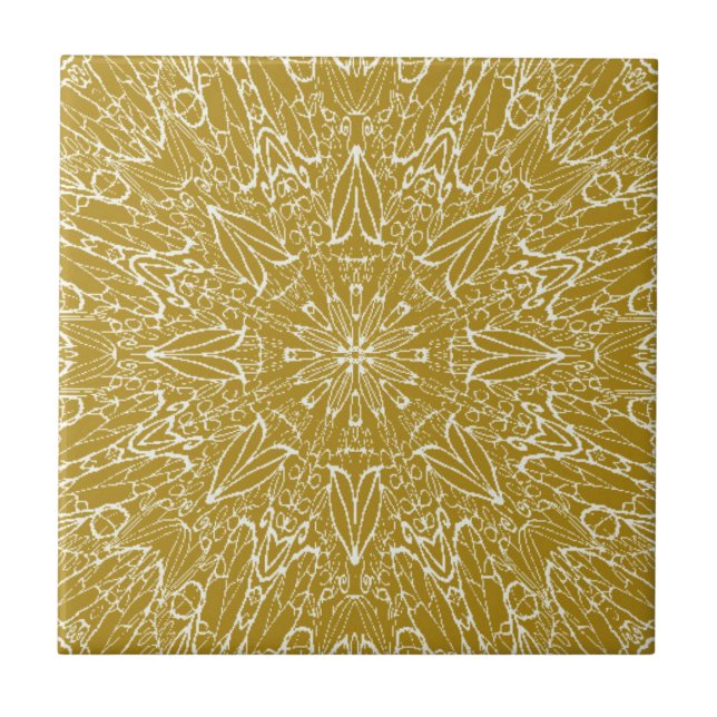 Dark gold geometric star wheel abstract art ceramic tile (Front)