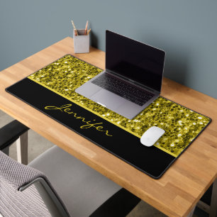 Dark gold glitter sparkles and black Custom name Desk Mat
