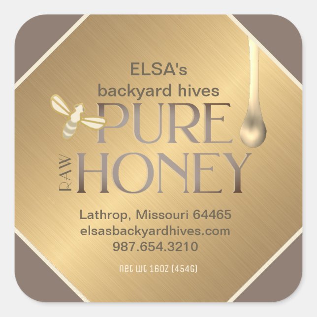 Dark Gold Honey Label pearlized honey drip and bee (Front)