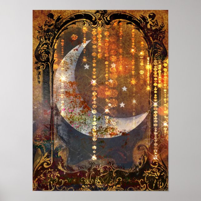 Dark Gold Mystic Crescent Moon Crystals Poster (Front)