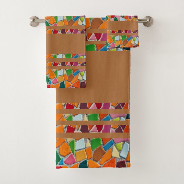 Dark Gold Orange Mosaic Pattern Bath Towel Set (Insitu)