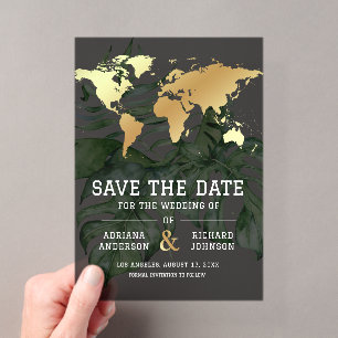 Dark Gold Tropical World Map Wedding Save the Date Acrylic Invitations