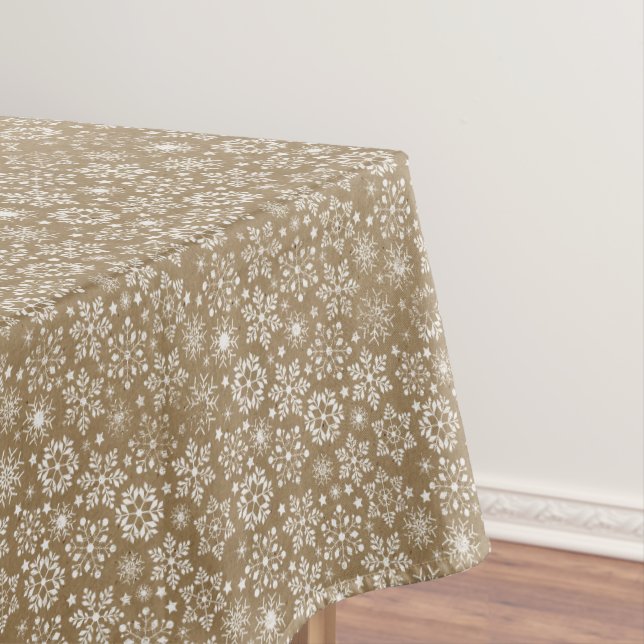 Dark Gold with White Snowflakes Christmas Tablecloth (In Situ)