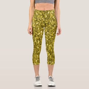  Dark gold yellow faux glitter sparkles Capri Leggings