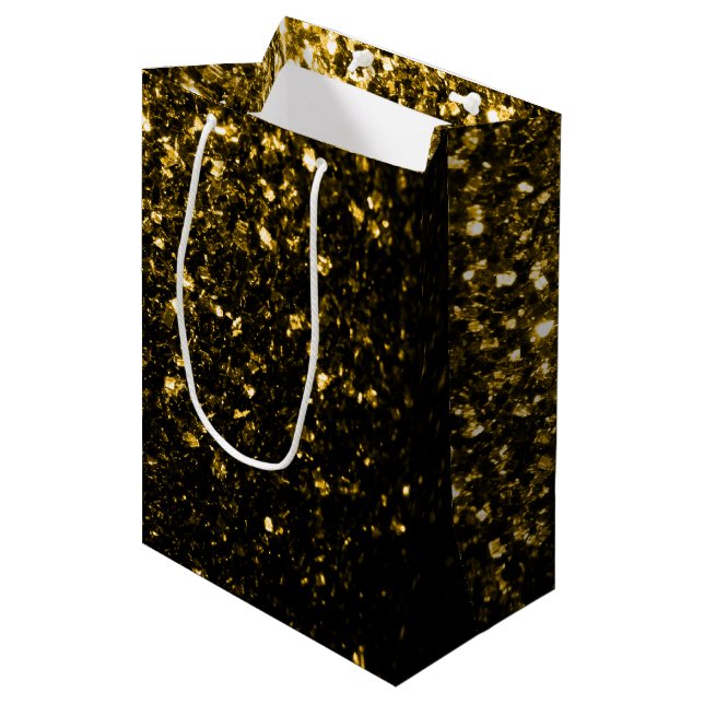 Dark gold yellow faux glitter sparkles medium gift bag (Front Angled)