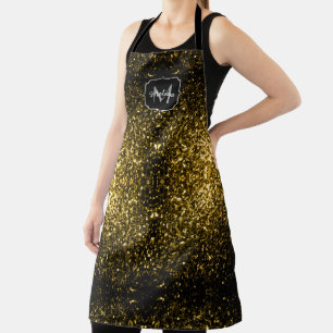 Dark gold yellow faux glitter sparkles Monogram Apron