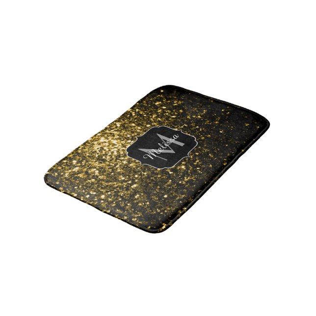 Dark gold yellow faux glitter sparkles Monogram Bath Mat (Angled)