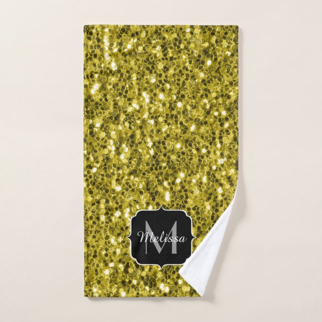  Dark gold yellow faux glitter sparkles Monogram Bath Towel Set (Hand Towel)
