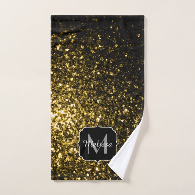 Dark gold yellow faux glitter sparkles Monogram Bath Towel Set (Hand Towel)