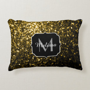 Dark gold yellow faux glitter sparkles Monogram Decorative Cushion