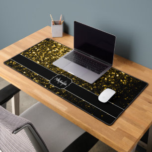 Dark gold yellow faux glitter sparkles Monogram Desk Mat