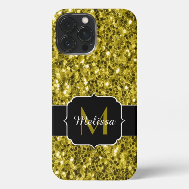 Dark gold yellow faux glitter sparkles Monogram iPhone Case (Back)