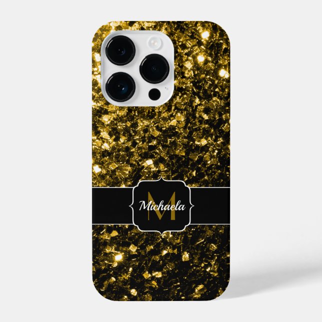 Dark gold yellow faux glitter sparkles Monogram iPhone Case (Back)