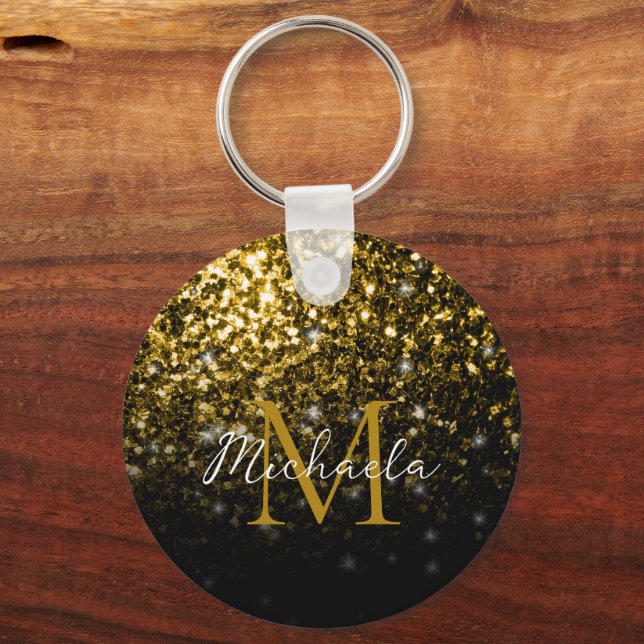 Dark gold yellow faux glitter sparkles Monogram Key Ring (Front)