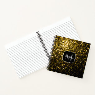 Dark gold yellow faux glitter sparkles Monogram Notebook