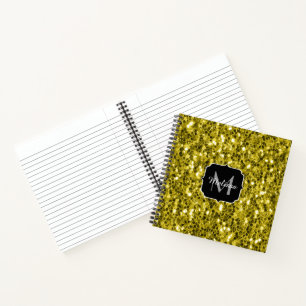 Dark gold yellow faux glitter sparkles Monogram Notebook
