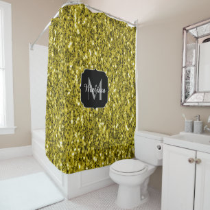  Dark gold yellow faux glitter sparkles Monogram Shower Curtain