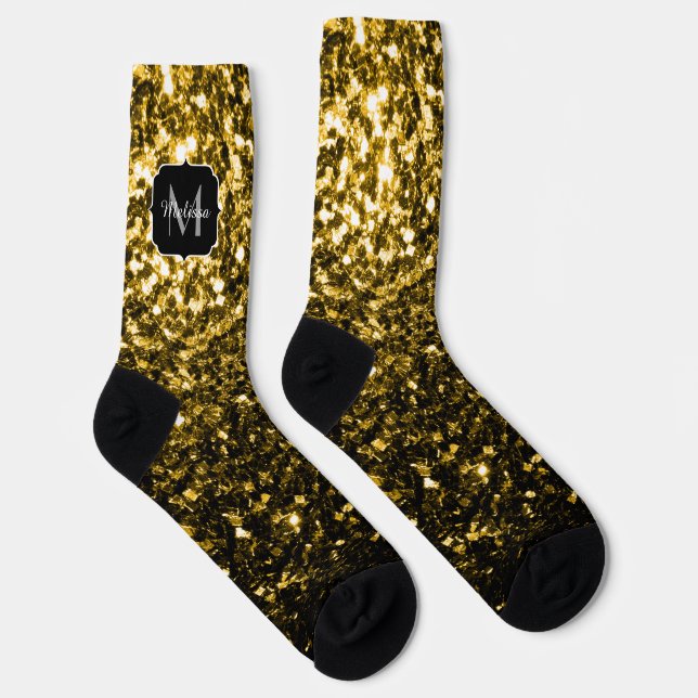 Dark gold yellow faux glitter sparkles Monogram Socks (Right)