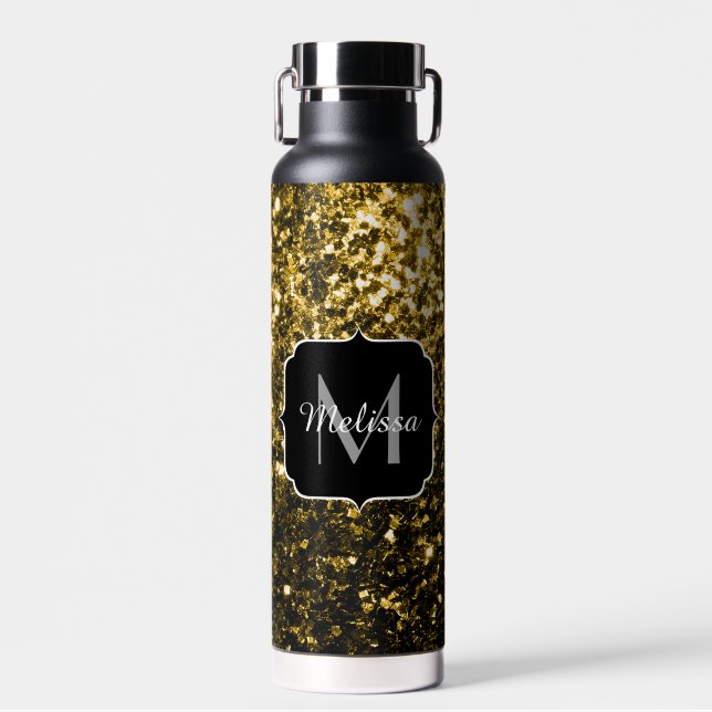 Dark gold yellow faux glitter sparkles Monogram Water Bottle (Front)