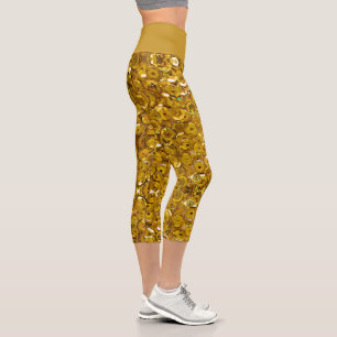 Dark gold yellow faux glitter sparkles Romantic Capri Leggings