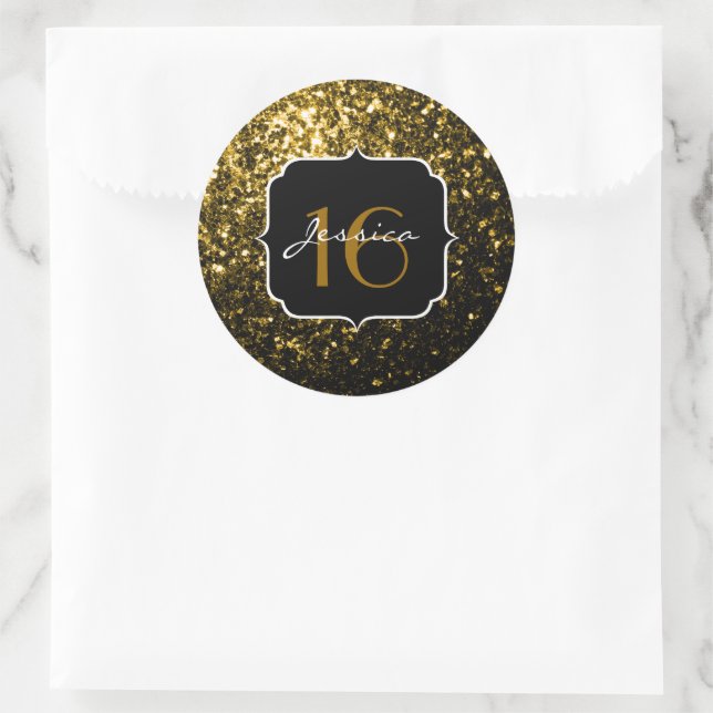 Dark gold yellow faux glitter sparkles Sweet 16 Classic Round Sticker (Bag)