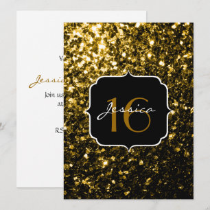 Dark gold yellow faux glitter sparkles Sweet 16 Invitation