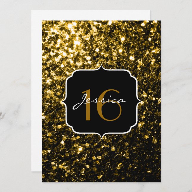 Dark gold yellow faux glitter sparkles Sweet 16 Invitation (Front/Back)