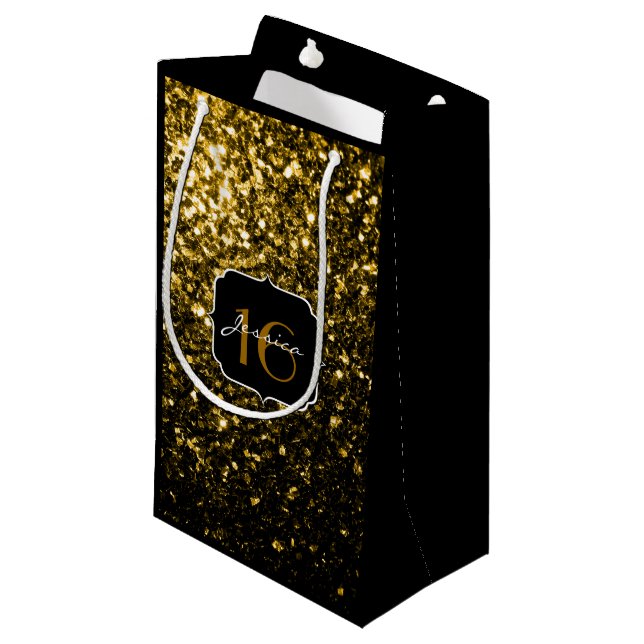 Dark gold yellow faux glitter sparkles Sweet 16 Small Gift Bag (Front Angled)