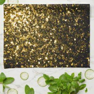 Dark gold yellow faux glitter sparkles tea towel