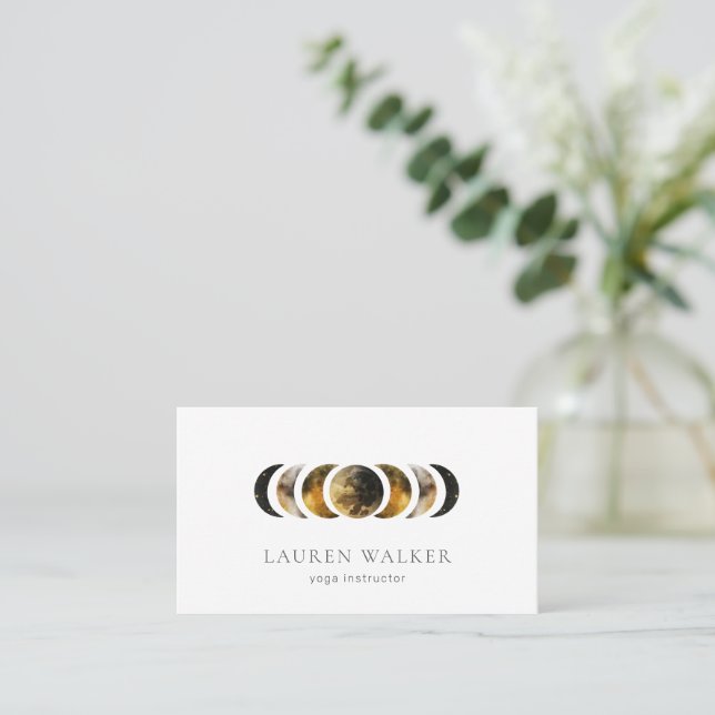 Dark Golden Moon Phases Yoga Studio Business Card (Standing Front)